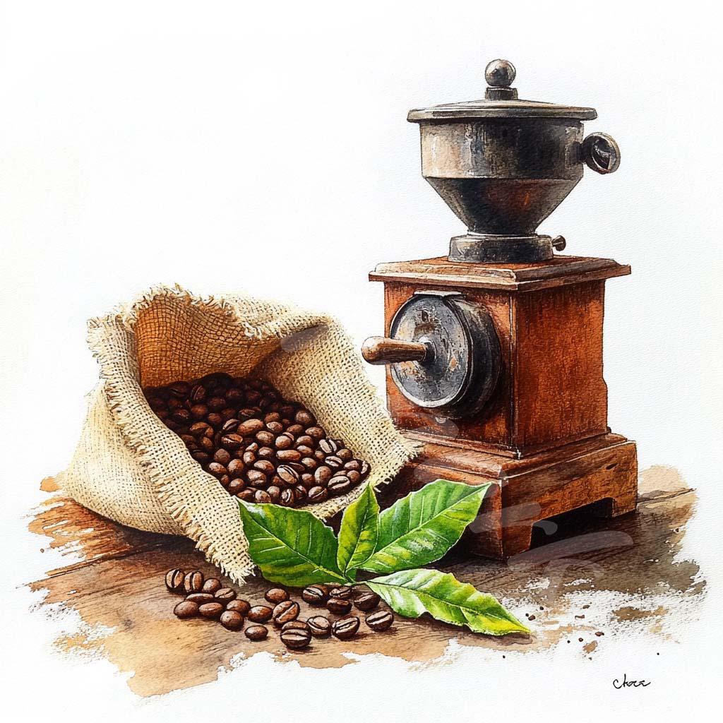 水彩画 果物とコーヒーグラインダー ヴィンテージコーヒークリップアート：水彩画のコーヒーグラインダーと