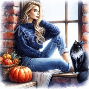Clipart di ragazza autunnale alla finestra, 12 JPG, download digitale, illustrazioni autunnali, donna e gatto, diario spazzatura, artigianato di carta digitale, scrapbooking