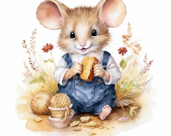 Watercolor Mouse Clipart, Cheese, Scrapbooking, Card Making (Digital Download)