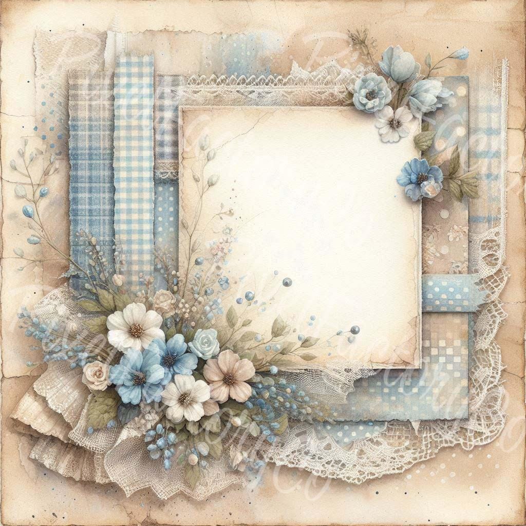 Blue Floral Calico Paper: Vintage Scrapbook Clipart (digital Download ...