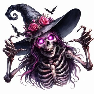 May include: A skeletal witch with glowing pink eyes wears a black witch's hat adorned with pink roses. Her skeletal hands are outstretched with long, sharp nails.