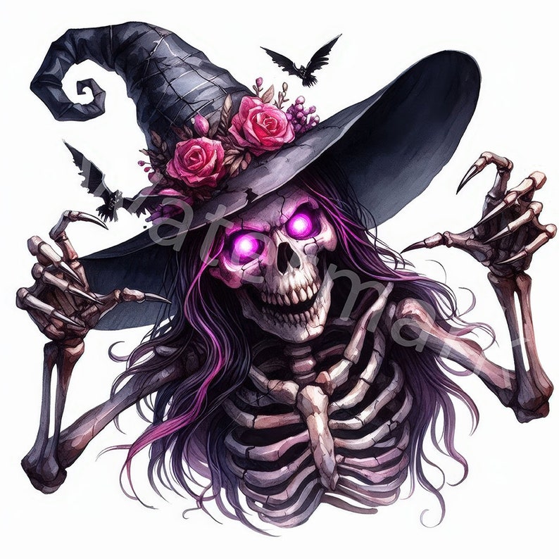 May include: A skeletal witch with glowing pink eyes wears a black witch's hat adorned with pink roses. Her skeletal hands are outstretched with long, sharp nails.