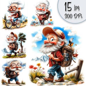 Grappige wandelende opa clipart digitale senior toeristische karakter aquarel oude man met rugzak avontuur JPG cartoon afdrukbare set plakboek