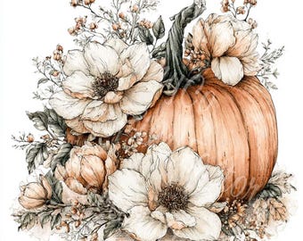 Watercolor Halloween Pumpkin Floral Clipart Digital Download For Invitations Scrapbooking Cards Decorations Crafts 12JPG