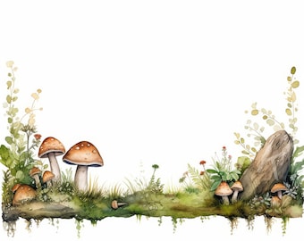 Clipart de borde de hongo: Marco de bosque en acuarela (Descarga digital)