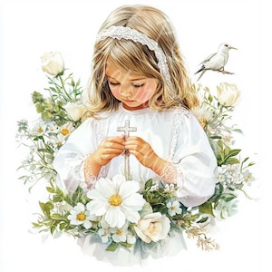 Erstkommunion Mädchen Clipart Religiöse Taufe Clipart Betendes Mädchen Digitale Kunst Christian Clip Art für Karte Einladungen Handwerk JPG Scrapbook