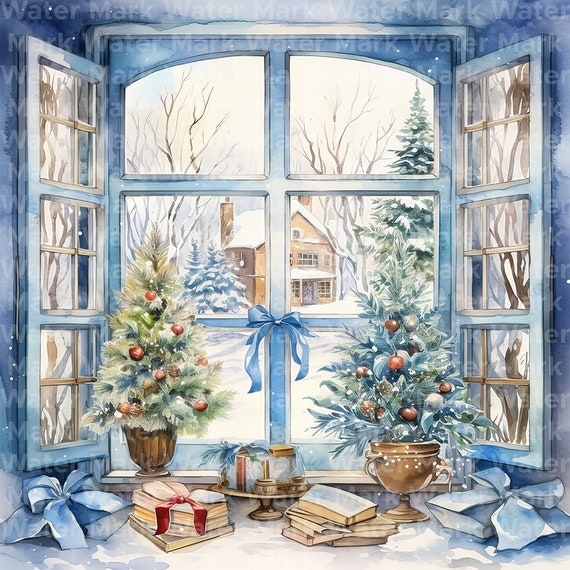 水彩画のクリスマスウィンドウクリップアート：冬の風景 JPG（デジタル