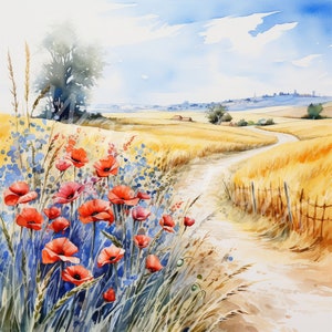 May include: A watercolor painting of a winding dirt road leading through a field of golden wheat.  The road is lined with a row of wildflowers, including red poppies, blue flowers, and green foliage.