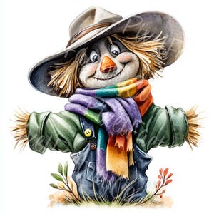 Cute Watercolor Scarecrow Clipart Set Autumn Fall Harvest Illustration JPG Digital Download For Cards Stickers Crafts Free Commercial Use