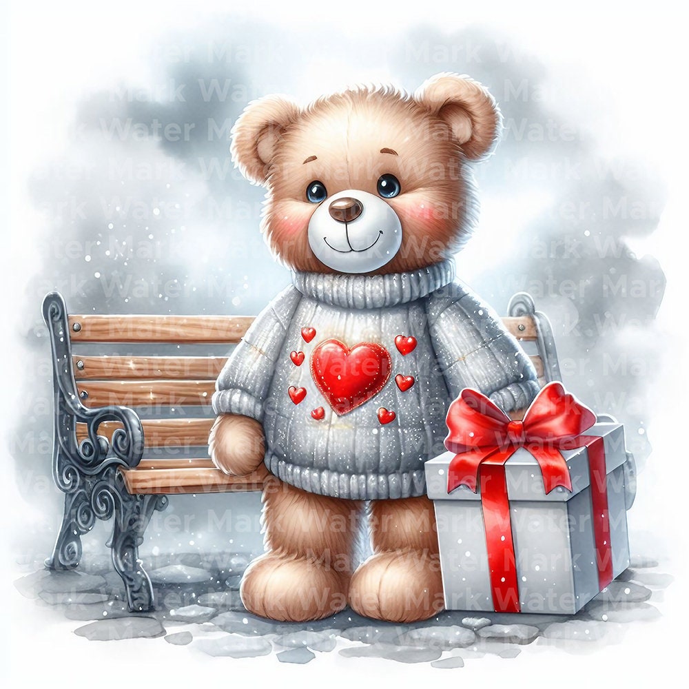 Valentine's Day Teddy Bear Clipart, 12 JPG, Digital Download, Card
