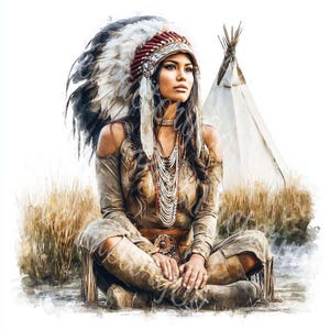 May include: Watercolor painting of a person wearing a Native American headdress with feathers, a long-sleeved dress, and knee-high boots. A teepee is in the background. The person is sitting cross-legged in a field of tall grass.