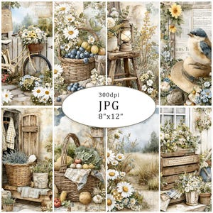 May include: A digital collage of eight rustic scenes featuring wicker baskets, daisies, a bicycle, a lantern, a bird on a straw hat, and garden produce. The central oval text reads 300dpi JPG 8"x12", showcasing a collection of vintage-style botanical and country-themed illustrations with soft, warm, and muted color tones.