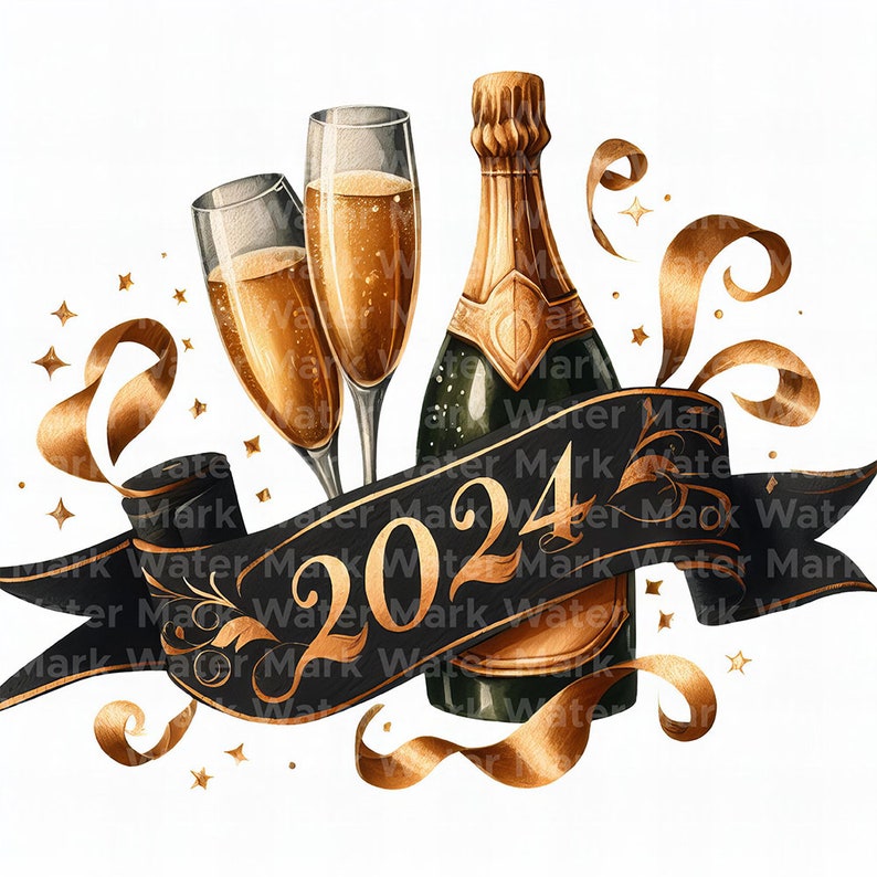 New Year 2024 Clipart, 12 JPG, Digital Download, New Year's Eve Clipart