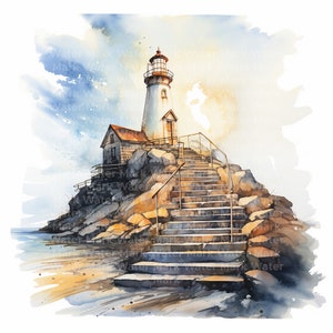 Vuurtoren aquarel clipart, 12 png-bestand, zeelandschap, digitale download, clipart kunst aan de muur, kaarten maken, junk Journal, digitale scrapbooking