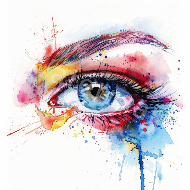 May include: A watercolor painting of a blue eye with splashes of red, yellow, and blue paint.