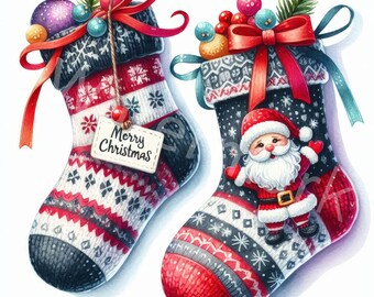 Christmas Socks Watercolor Clipart: Holiday Scrapbooking (Digital Download)