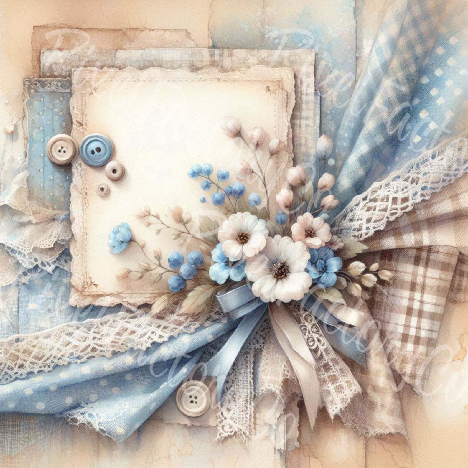 Blue Floral Calico Paper: Vintage Scrapbook Clipart (digital Download ...