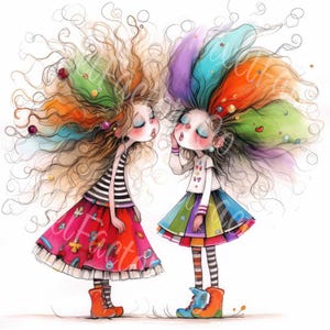 Lindo paquete de imágenes prediseñadas de mejores amigas, chicas de acuarela con cabello colorido, vestidos divertidos, arte digital JPG, ilustraciones infantiles imprimibles y divertidas para álbumes de recortes.