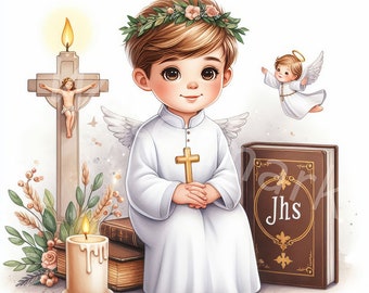 First Holy Communion Clipart, 12 JPG, Digital Download, Digital Paper Craft, Bible, Card Making Clipart, Invitation Making, Boy&#39;s  Communion