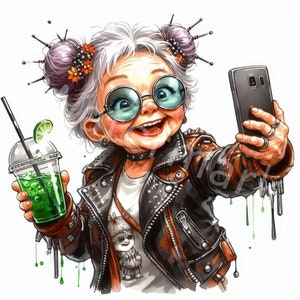 Funny Old Lady Selfie Clipart, 11 JPG, Digital Download, Senior Graphics, Grandma Selfie, Junk Journal, Digital Paper Craft, Scrapbooking