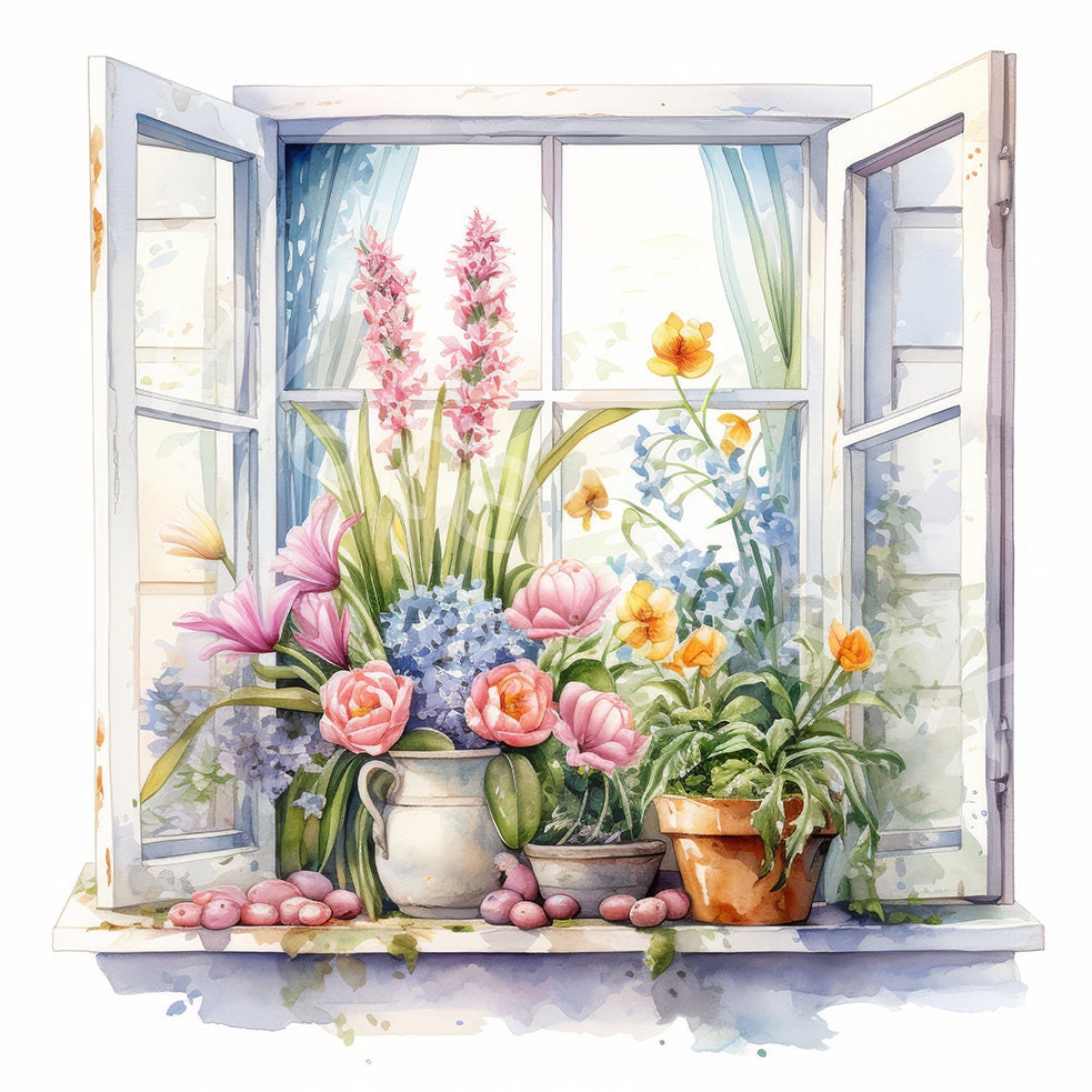 Watercolor Window Spring Background Watercolor Spring Windows Clipart: Floral Motifs (JPG Digital Download ...