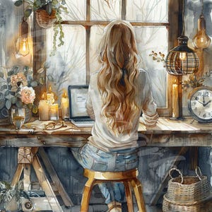 May include: A woman sits at a wooden desk with a laptop, candles, and a clock. She has long blonde hair and is wearing a white shirt and blue jeans. The desk is decorated with a potted plant and a wicker basket.