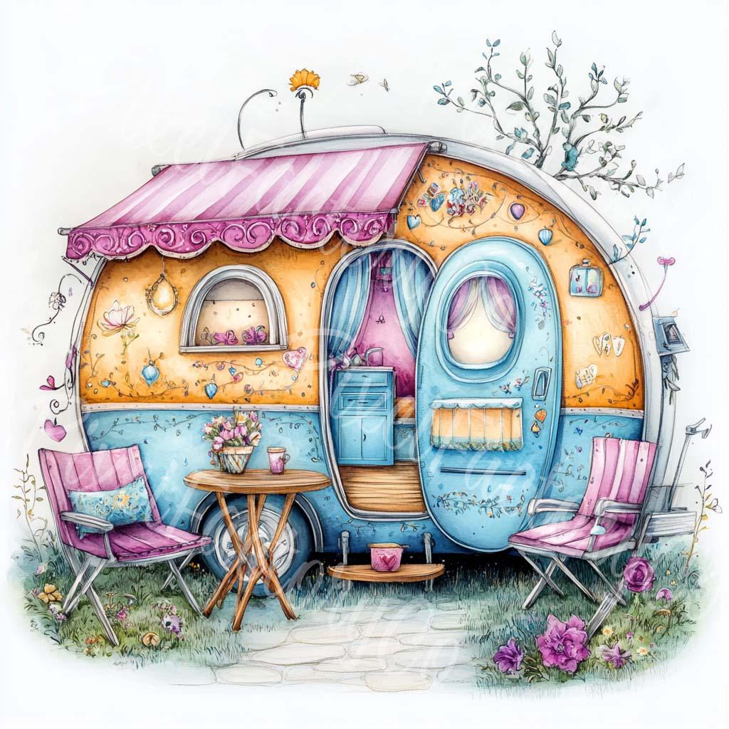 Vintage Camper Clipart JPG Digital Download Retro Trailer Art Summer Camping Graphics Scrapbooking DIY Crafts Invitations Cards Junk Journal