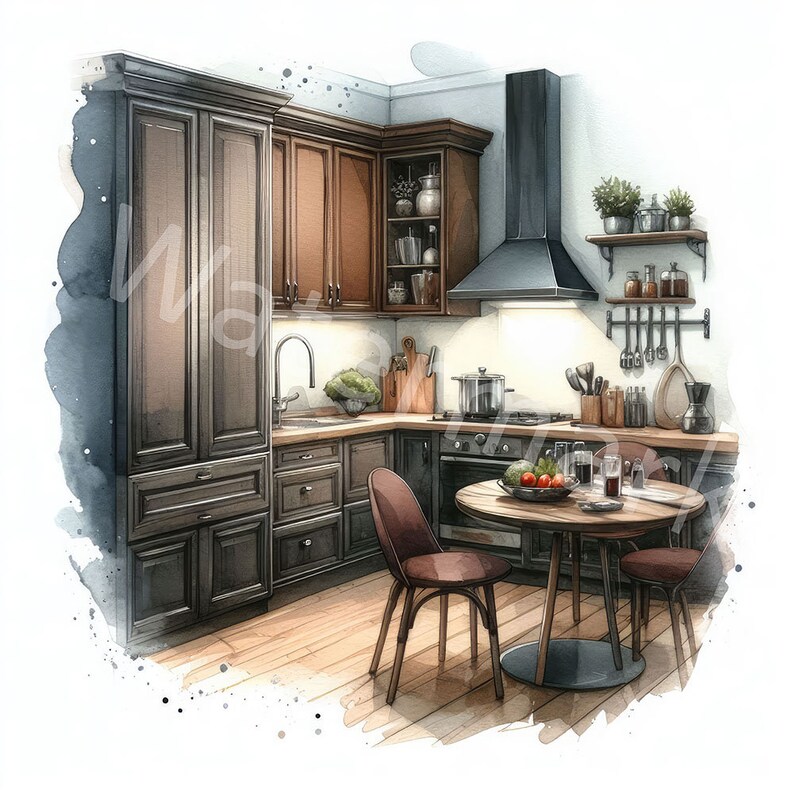 Watercolor Kitchen Clipart: JPG Digital Download for Scrapbooking - Etsy