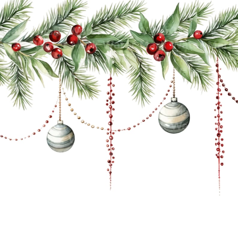Watercolor Christmas Borders Clipart: Garland Designs (Digital Download) image 7