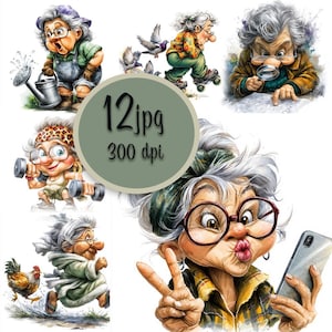 Pacote com 12 cliparts engraçados de avós para fazer cartões, artesanato, arte de parede, scrapbooking, download digital, engraçado, caprichoso, peculiar e louco