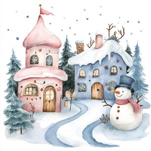 Clipart paesaggio natalizio, 12 JPG, immagini per bambini, illustrazioni invernali, pupazzo di neve, diario spazzatura, artigianato di carta, scrapbooking, download digitale