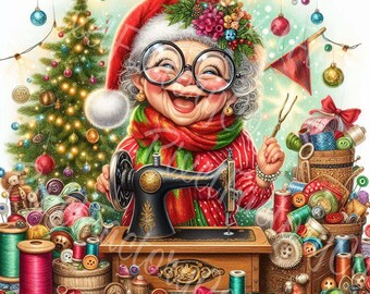 May include: A whimsical illustration of a smiling woman wearing a Santa hat and glasses, surrounded by sewing supplies. A vintage sewing machine sits on a wooden table, with spools of thread, buttons, and a Christmas tree in the background. Festive and colorful.