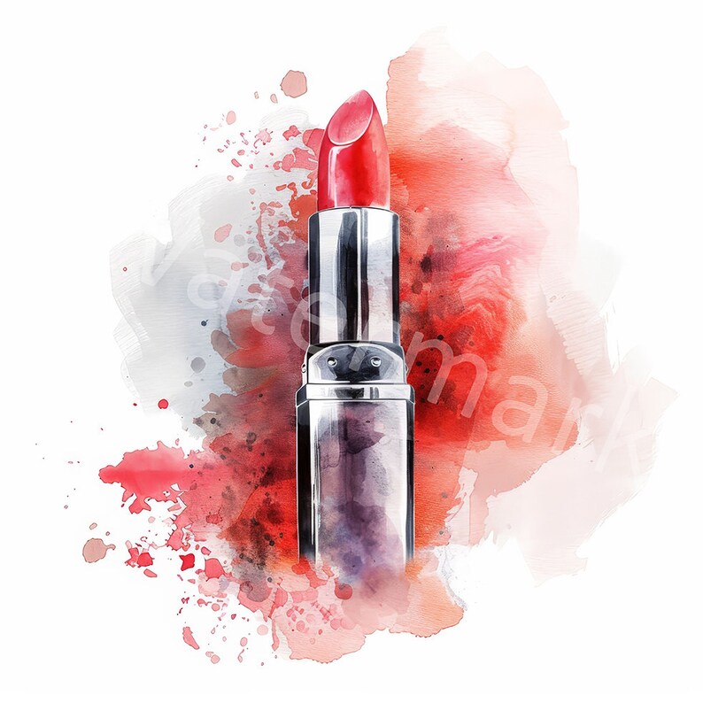 May include: A red lipstick in a silver tube with a watercolor background of red and pink splatters.