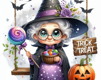 Halloween Grandma Witch Clipart: Watercolor Old Lady Art (Digital Download)