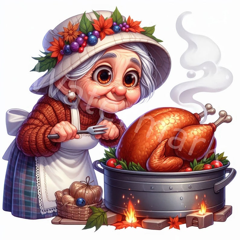 Thanksgiving Day Clipart, 12 JPG, Funny Old Ladies, Grandma Roasting