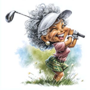 Grappige senior vrouwen golfen Clipart JPG aquarel humoristisch oude dames retro stijl voor kaarten Sticker ambacht gratis commercieel gebruik grillig