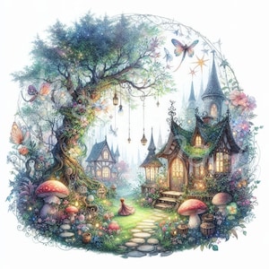 May include: A whimsical illustration of a fairytale village with a large tree, a stone path, and a small cottage with a glowing window. The scene is filled with magical details, including glowing lights, mushrooms, and butterflies.