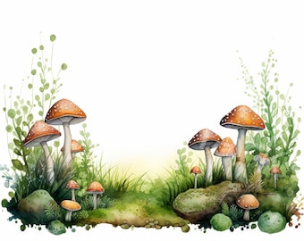 Clipart de borde de hongo en acuarela: Marco de bosque (Descarga digital)