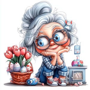 Clipart di vecchietta divertente di Pasqua, 12 jpg, nonna in cucina, donna anziana con uova di Pasqua, diario di spazzatura, artigianato di carta digitale, download digitale