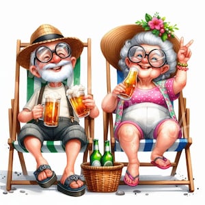Grappig senior koppel met bier clipart, 12 JPG, digitale download, afbeeldingen voor mensen, senioren op vakantie, junkdagboek, papier ambacht, plakboek