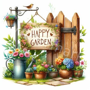 Clipart aquarelle de jardin, 12 JPG, téléchargement numérique, porte de jardin, clipart d'été, clipart art mural, fabrication de cartes, journal indésirable, agenda numérique