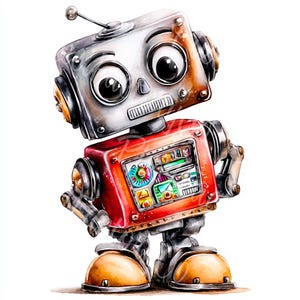 Paquete de imágenes prediseñadas de robots retro, dibujos animados de acuarela, robots oxidados con engranajes, arte imprimible, uso comercial para tarjetas, manualidades, carteles, 17 pegatinas JPG
