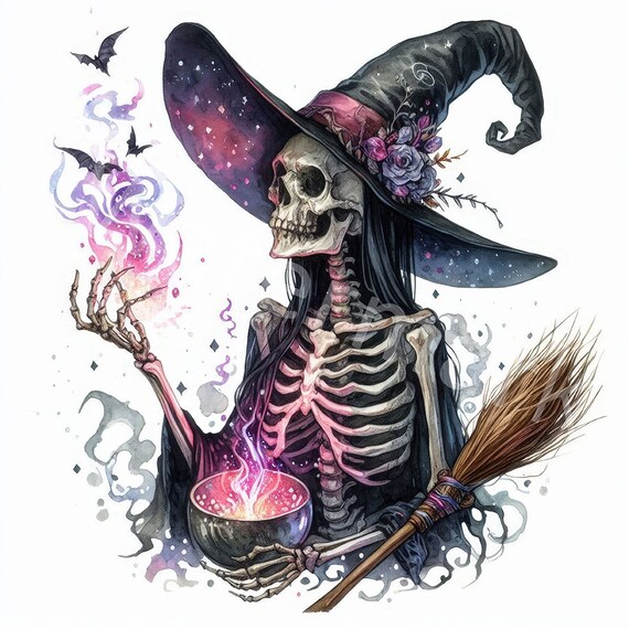 Watercolor Halloween Witch Skeleton Clipart: 12 JPG Graphics (Digital Download)