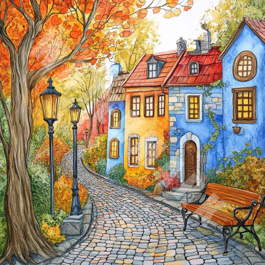 Autumn Street Watercolor Clipart: Fall City Landscape (digital Download ...