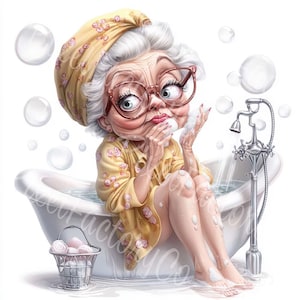 Divertente nonna nella vasca da bagno Clipart Bundle per biglietti d'auguri, diario, arte murale, download digitale, eccentrica vecchia signora spa bagno stravagante 12 JPG