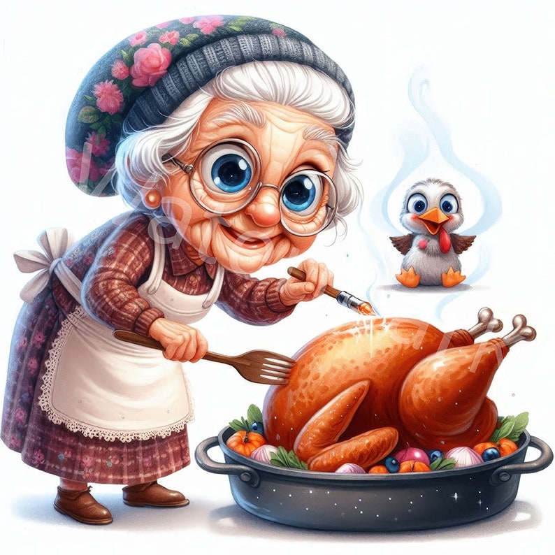 Thanksgiving Day Clipart, 12 JPG, Funny Old Ladies, Grandma Roasting