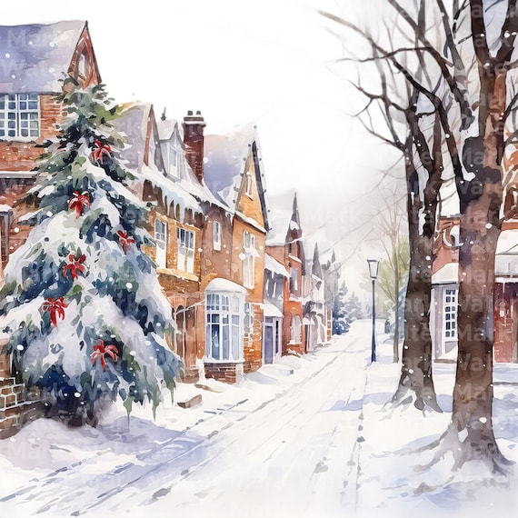 水彩画のクリスマスストリートクリップアート：冬の街並み（デジタル