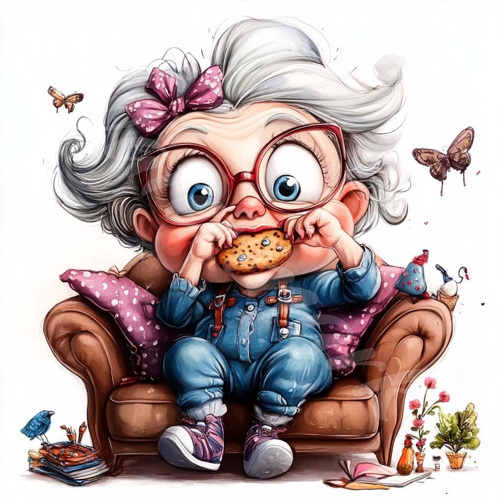 面白いおばあちゃんのクリップアート：水彩画のおばあちゃんの