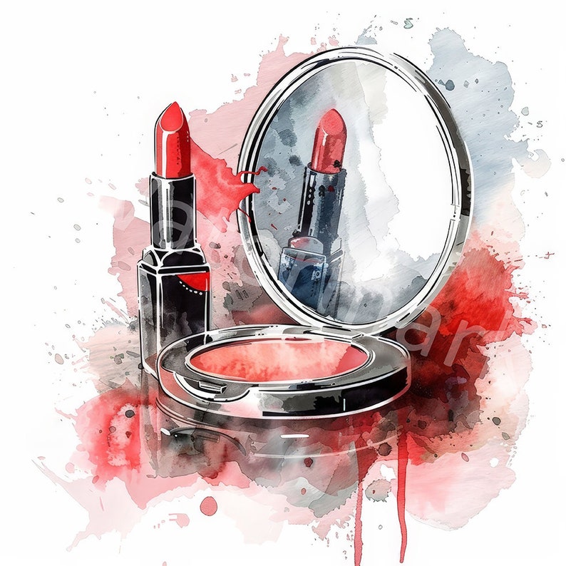 May include: A red lipstick with a black case and a compact with a red blush. The lipstick is reflected in a round mirror with a silver frame. The image is painted in a watercolor style with red and gray splatters.