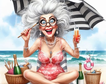 Beach Grandma Watercolor Clipart: Elegant Elderly Woman (Digital Download)